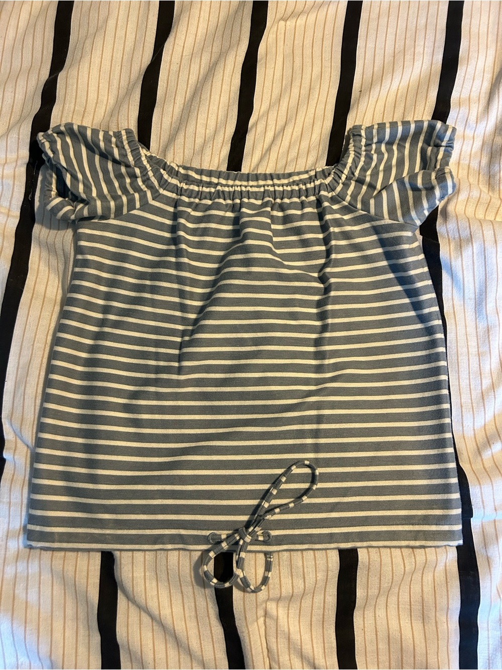 Madewell Blue and White Striped Off-Shoulder Crop Top